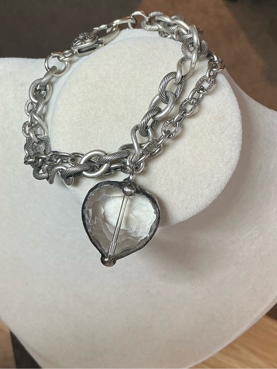 Jewelry - Double Antique Silver Chain Bracelet with Clear Crystal Heart